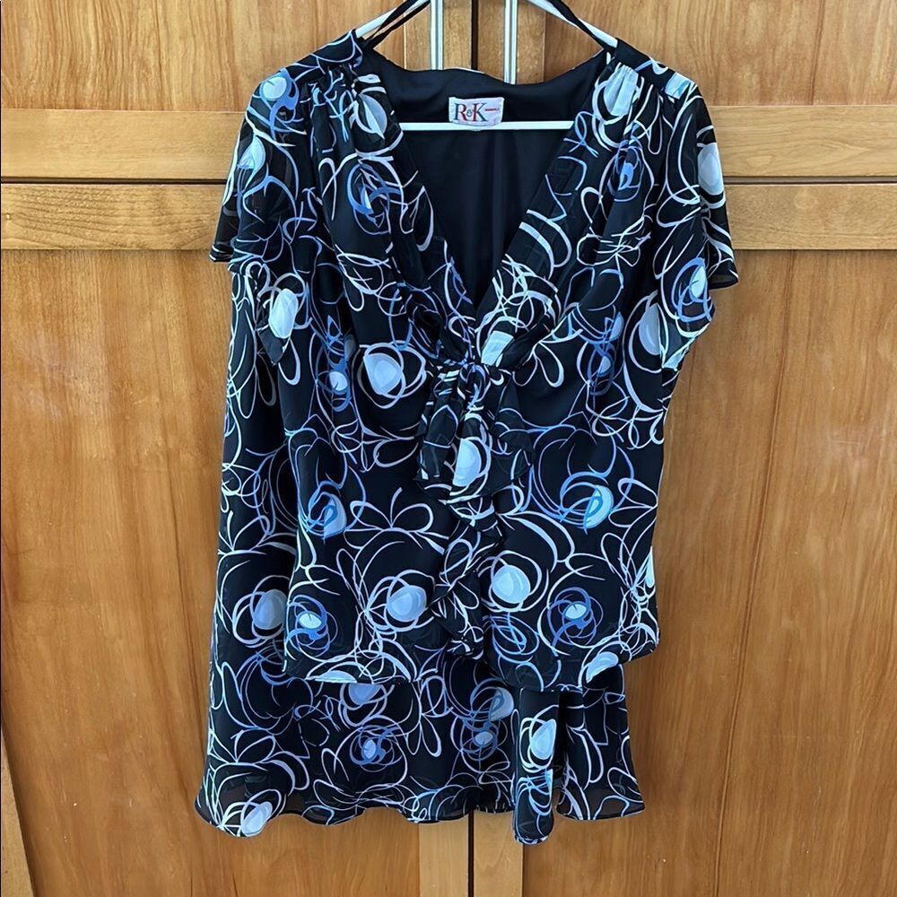 R &.K Original Two Piece Skirt Set Blue Black Ruffled Short Sleeve